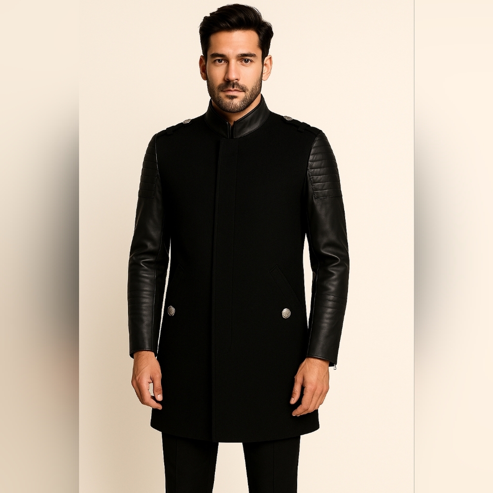 Philipp Plein Black Mens Coat Jacket, Leather Sleeve Size XL Wool & Leather